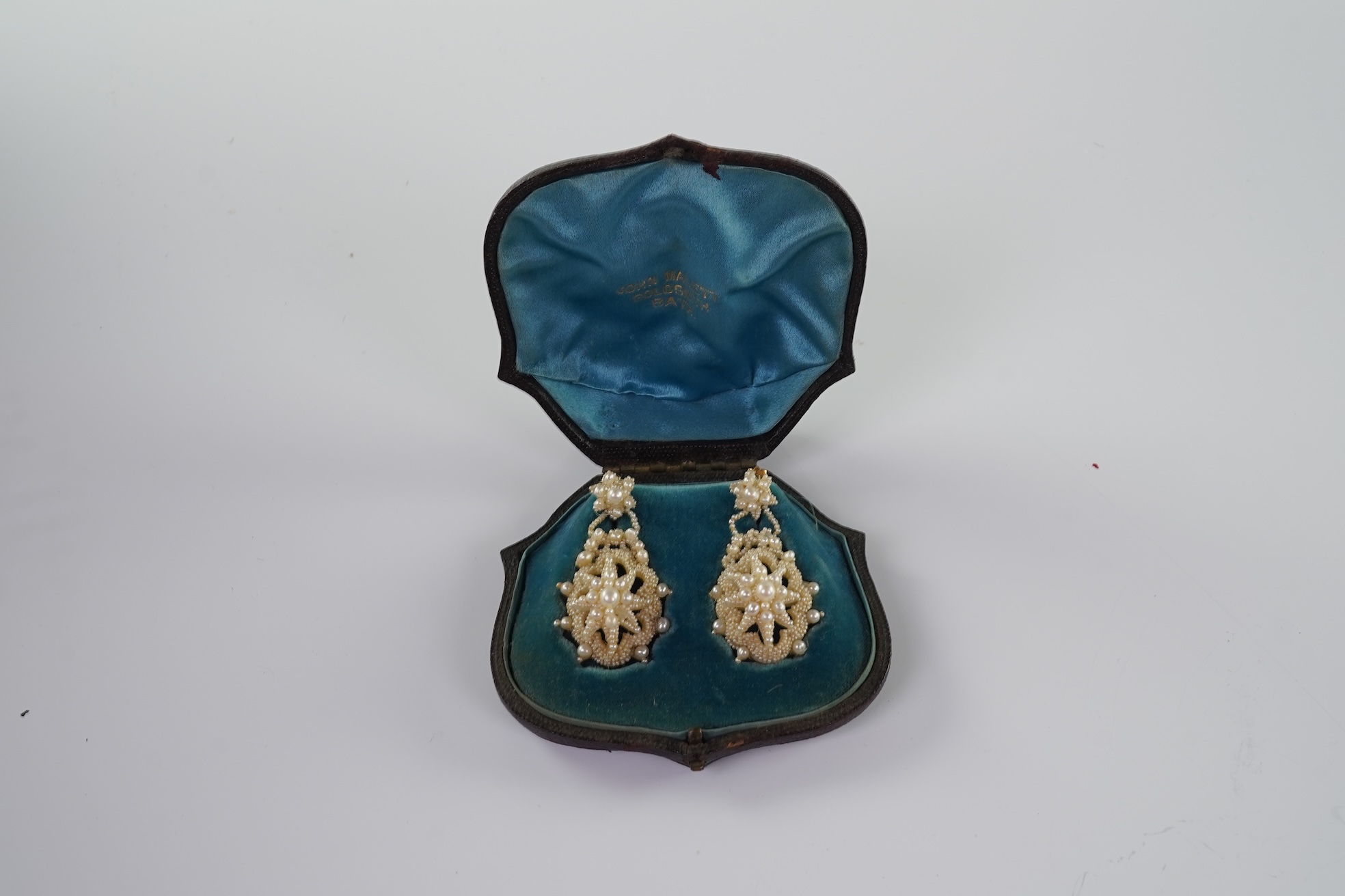 A Regency seed pearl necklace, brooch and pair of earrings, early 19th century